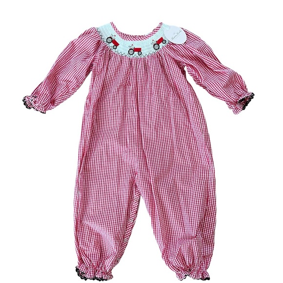 Red Gingham Dress with Tractor Embroidery Marie Nicole NWT Sz 2 yrs - Picture 2 of 5